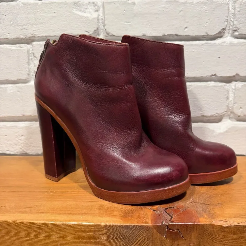 Dolce Vita Burgundy Leather Ankle Boots Chunky 70s Platform Block Heel Size 9.5